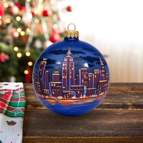 Blue Blown Glass Extra Large Ball Ornament - Handcrafted - New York Skyline Design