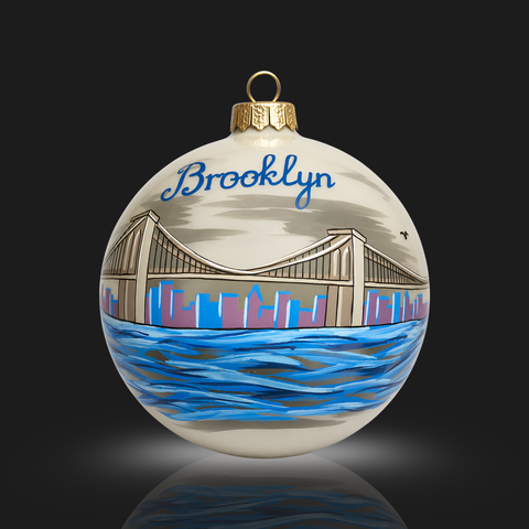 Frosted Blown Glass Jumbo Ball Ornament - Handcrafted - Brooklyn Bridge Design