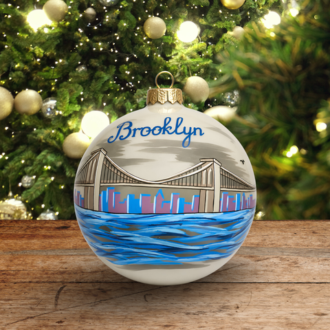 Frosted Blown Glass Jumbo Ball Ornament - Handcrafted - Brooklyn Bridge Design