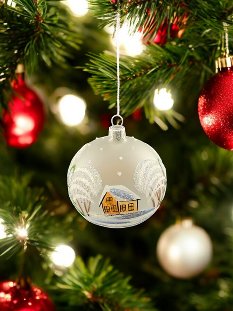 Frosted Blown Glass Ornament - Handcrafted - Brown Church Design