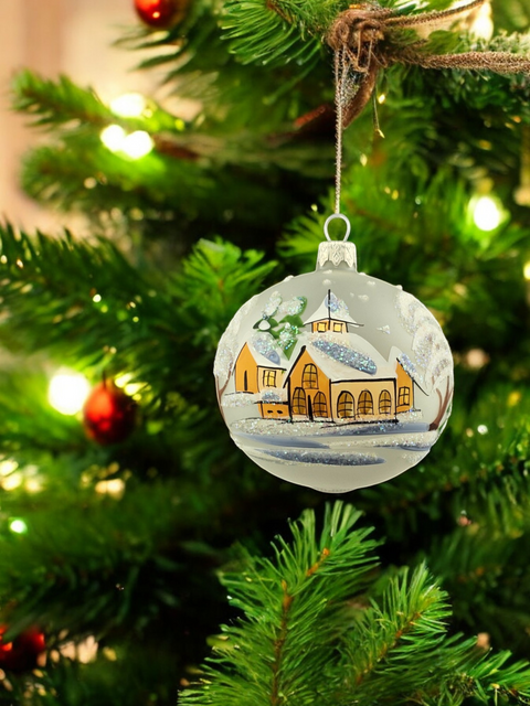 Frosted Blown Glass Ornament - Handcrafted - Brown Church Design