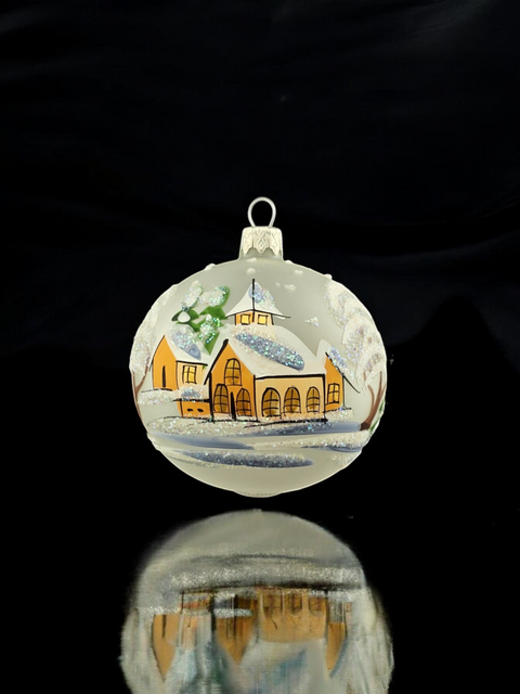 Frosted Blown Glass Ornament - Handcrafted - Brown Church Design