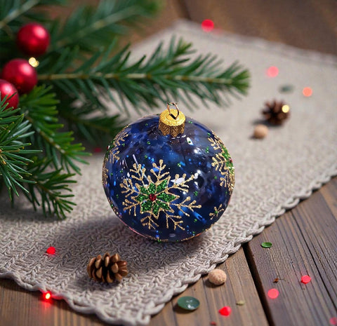 Blue Blown Glass Ornament - Green & Gold Snowflake - Blue Ornament - Hand Made In Ukraine - Hand Painted - Keepsake Ornament-Transparent Glass