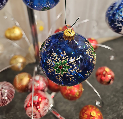 Blue Blown Glass Ornament - Green & Gold Snowflake - Blue Ornament - Hand Made In Ukraine - Hand Painted - Keepsake Ornament-Transparent Glass