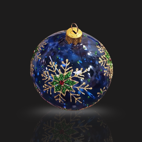 Blue Blown Glass Ornament - Green & Gold Snowflake - Blue Ornament - Hand Made In Ukraine - Hand Painted - Keepsake Ornament-Transparent Glass