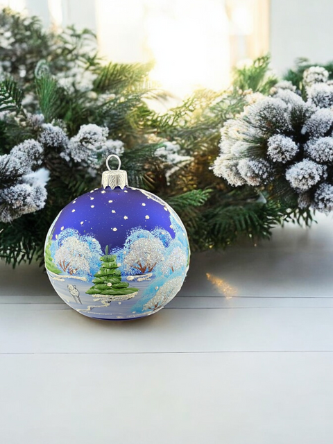 Blue Blown Glass Ornament - Handcrafted -  Charming Nativity Design