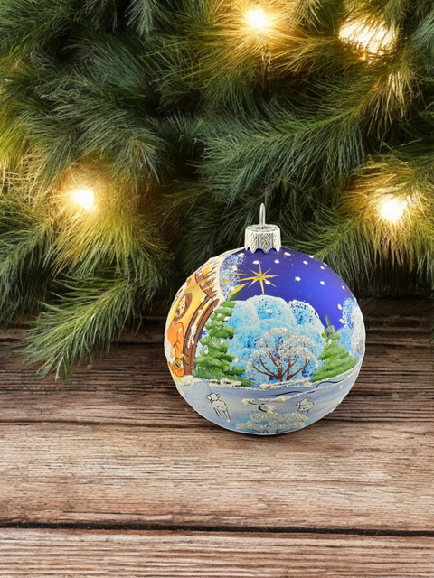 Blue Blown Glass Ornament - Handcrafted -  Charming Nativity Design