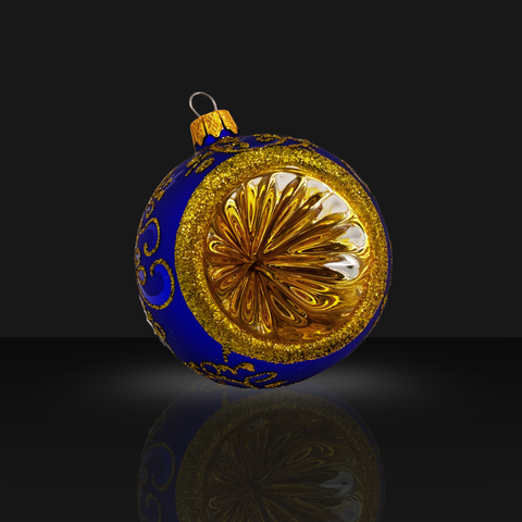 Blue Blown Glass Ornament - Handcrafted - Blue & Gold Refractor Design