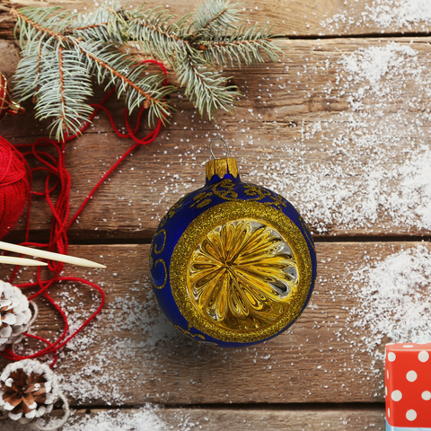 Blue Blown Glass Ornament - Handcrafted - Blue & Gold Refractor Design