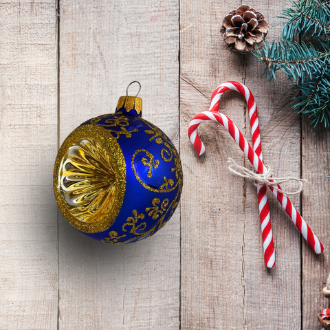Blue Blown Glass Ornament - Handcrafted - Blue & Gold Refractor Design