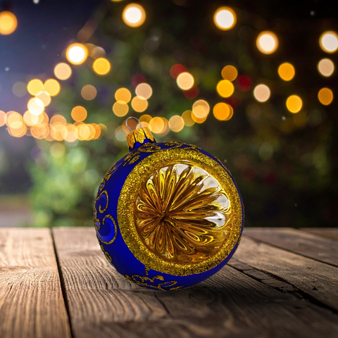 Blue Blown Glass Ornament - Handcrafted - Blue & Gold Refractor Design