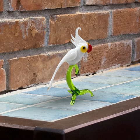 White Glass Parakeet on Perch Figurine, Collectible Glass Parakeet, Murano Quality Gift At A Fraction Of The Price, Handcrafted In Ukraine