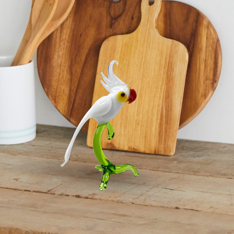 White Glass Parakeet on Perch Figurine, Collectible Glass Parakeet, Murano Quality Gift At A Fraction Of The Price, Handcrafted In Ukraine