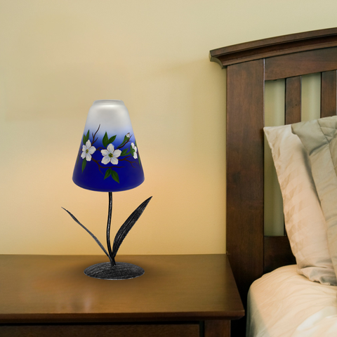 Blue Glass Lamp Candle Holder, Hand Crafted in Ukraine, Dogwood Flower Design, Wonderful Year Round