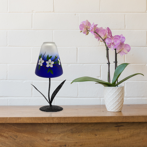 Blue Glass Lamp Candle Holder, Hand Crafted in Ukraine, Dogwood Flower Design, Wonderful Year Round
