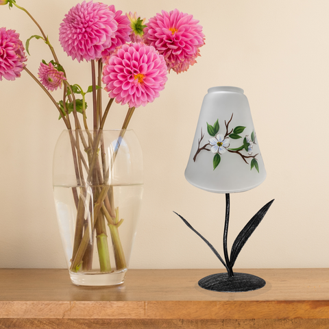 Frosted Glass Lamp Candle Holder, Hand Crafted in Ukraine, Dogwood Flower Design, Wonderful Year Round