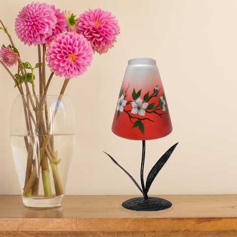 Red Glass Lamp Candle Holder, Hand Crafted in Ukraine, Dogwood Flower Design, Wonderful Year Round