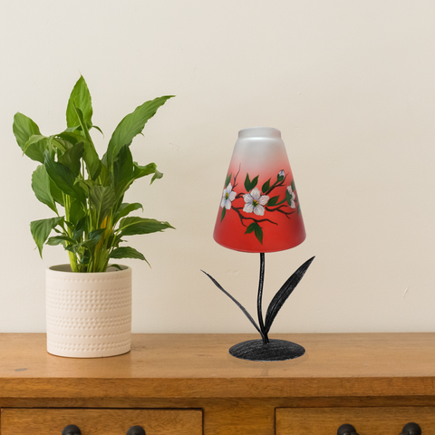 Red Glass Lamp Candle Holder, Hand Crafted in Ukraine, Dogwood Flower Design, Wonderful Year Round
