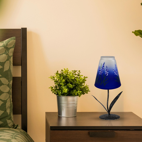 Blue Glass Lamp Candle Holder, Hand Crafted in Ukraine, Lavender Flower Design, Wonderful Year Round