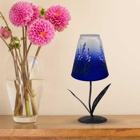Blue Glass Lamp Candle Holder, Hand Crafted in Ukraine, Lavender Flower Design, Wonderful Year Round