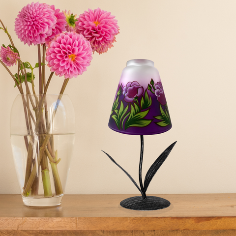 Purple Glass Lamp Candle Holder, Hand Crafted in Ukraine, Peony Flower Design, Wonderful Year Round