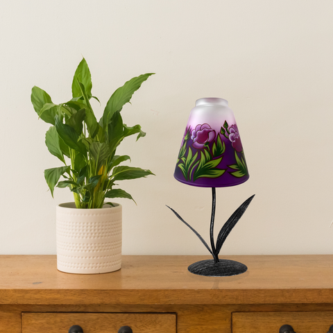 Purple Glass Lamp Candle Holder, Hand Crafted in Ukraine, Peony Flower Design, Wonderful Year Round