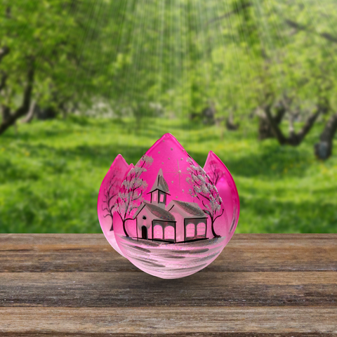 Pink Glass Lotus Blossom Candle Holder, Hand Crafted in Ukraine, White Church Winter Wonderland, Wonderful Year Round