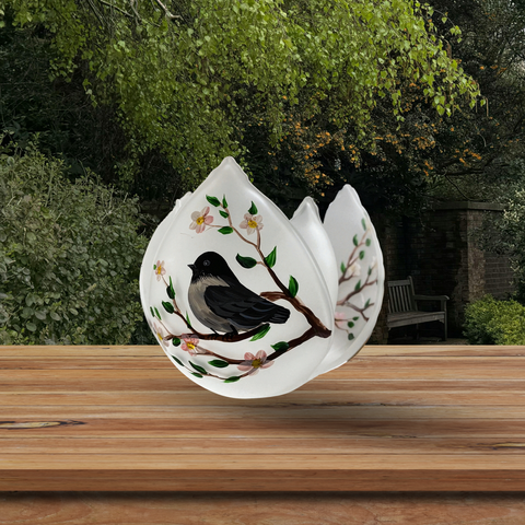 Frosted Glass Lotus Blossom Candle Holder, Hand Crafted in Ukraine, Chickadee Design, Wonderful Year Round