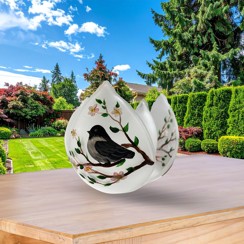 Frosted Glass Lotus Blossom Candle Holder, Hand Crafted in Ukraine, Chickadee Design, Wonderful Year Round