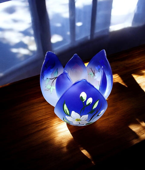 Glass Lotus Dogwood Flower Candle Holder, Meticulously Hand Crafted in Ukraine, The Creme De La Creme of Candle Holders