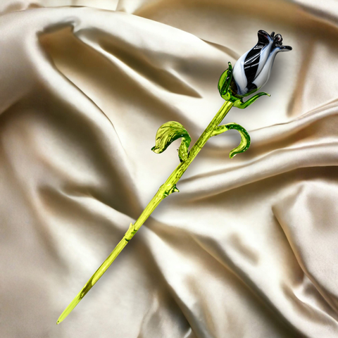 Black & White Glass Rose, Handcrafted Glass Flower, Hand Made In Ukraine Using Murano Quality Glass, Great Gift For Flower Lovers, 12 Inches Rose