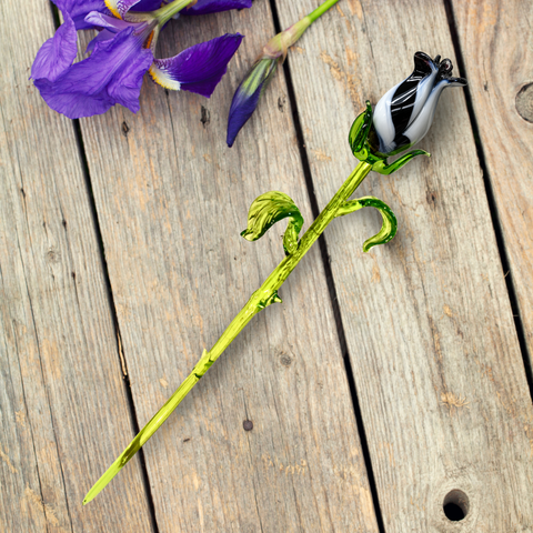 Black & White Glass Rose, Handcrafted Glass Flower, Hand Made In Ukraine Using Murano Quality Glass, Great Gift For Flower Lovers, 12 Inches Rose