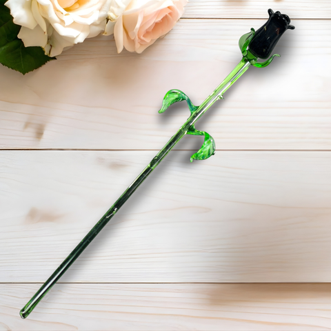 Black Glass Rose, Handcrafted Glass Flower, Hand Made In Ukraine Using Murano Quality Glass, Great Gift For Flower Lovers, 12 Inch Rose