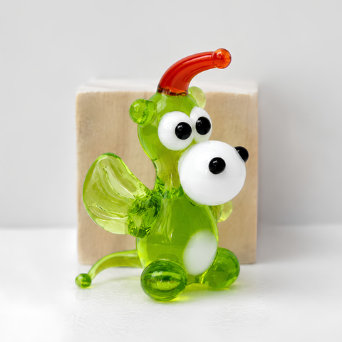 Green Glass Dragon Figurine, Mini Glass Murano Quality Lampworking Glass Figurine, Hand Made In Ukraine, A Great Addition To Your Collection