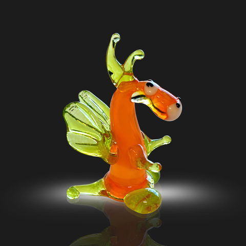 Orange/Green Dragon Standing Figurine, Mini Glass Murano Quality Lampworking Glass Figurine, Hand Made In Ukraine, A Great Addition To Your Collection