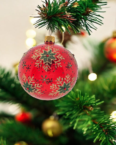 Red Blown Glass Ornament - Green & Gold Snowflake - Red Ornament - Hand Made In Ukraine - Hand Painted - Keepsake Ornament-Transparent Glass