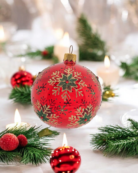 Red Blown Glass Ornament - Green & Gold Snowflake - Red Ornament - Hand Made In Ukraine - Hand Painted - Keepsake Ornament-Transparent Glass