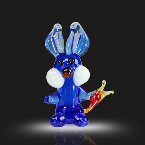 Blue Rabbit W Carrot Figurine, Mini Glass Murano Quality Lampworking Glass Figurine, Hand Made In Ukraine, A Great Addition To Your Collection