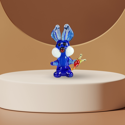 Blue Rabbit W Carrot Figurine, Mini Glass Murano Quality Lampworking Glass Figurine, Hand Made In Ukraine, A Great Addition To Your Collection