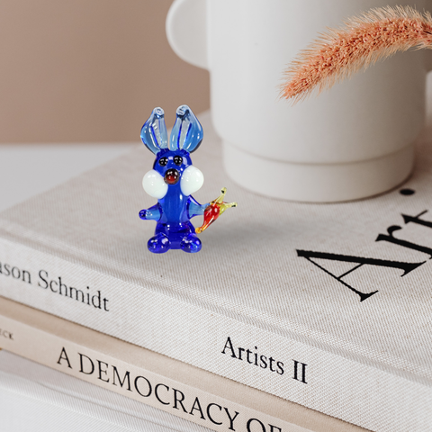 Blue Rabbit W Carrot Figurine, Mini Glass Murano Quality Lampworking Glass Figurine, Hand Made In Ukraine, A Great Addition To Your Collection