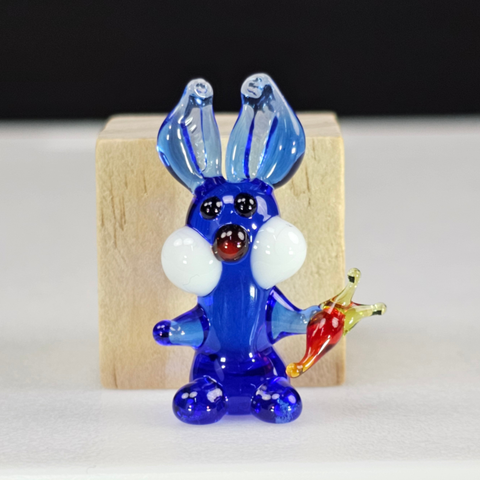 Blue Rabbit W Carrot Figurine, Mini Glass Murano Quality Lampworking Glass Figurine, Hand Made In Ukraine, A Great Addition To Your Collection