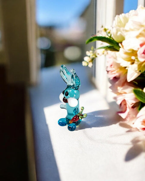 Light Blue Glass Rabbit W Carrot Figurine, Handmade Murano Quality Design - Small