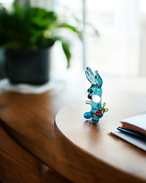 Light Blue Glass Rabbit W Carrot Figurine, Handmade Murano Quality Design - Small