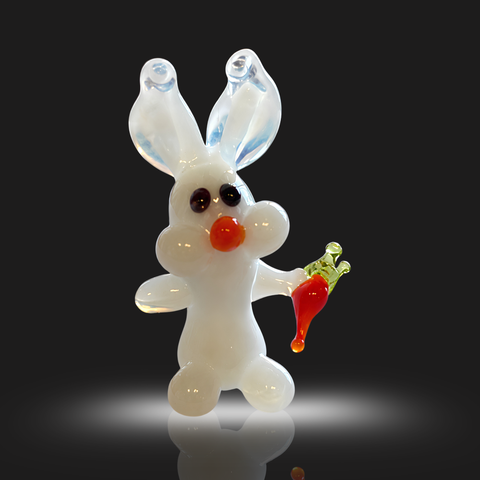 White Rabbit W Carrot Figurine, Mini Glass Murano Quality Lampworking Glass Figurine, Hand Made In Ukraine, A Great Addition To Your Collection