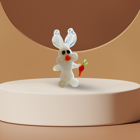 White Rabbit W Carrot Figurine, Mini Glass Murano Quality Lampworking Glass Figurine, Hand Made In Ukraine, A Great Addition To Your Collection