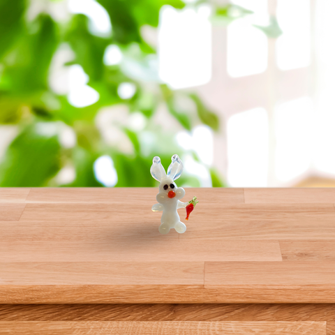White Rabbit W Carrot Figurine, Mini Glass Murano Quality Lampworking Glass Figurine, Hand Made In Ukraine, A Great Addition To Your Collection