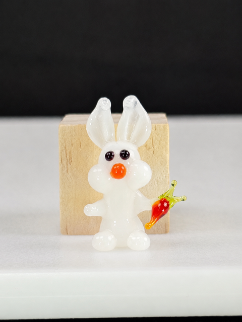 White Rabbit W Carrot Figurine, Mini Glass Murano Quality Lampworking Glass Figurine, Hand Made In Ukraine, A Great Addition To Your Collection