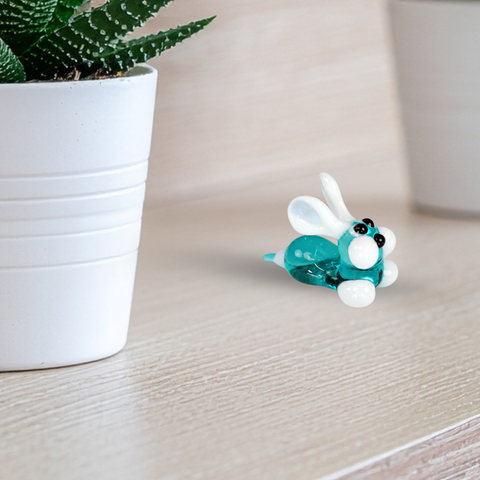 Aqua Bunny Rabbit Figurine, Mini Glass Murano Quality Lampworking Glass Figurine, Hand Made In Ukraine, A Great Addition To Your Collection