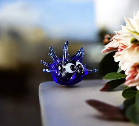 Blue Glass Sea Urchin Figurine, Handmade Murano Quality Design - Small