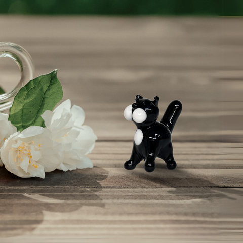 Black Straight Tail Cat Figurine, Mini Glass Murano Quality Lampworking Glass Figurine, Hand Made In Ukraine, A Great Addition To Your Collection